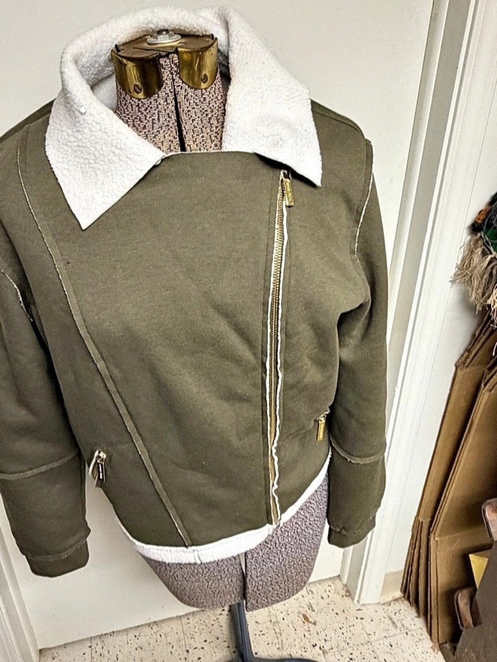 Michael Kors Sherpa Moto Jacket in Green & White